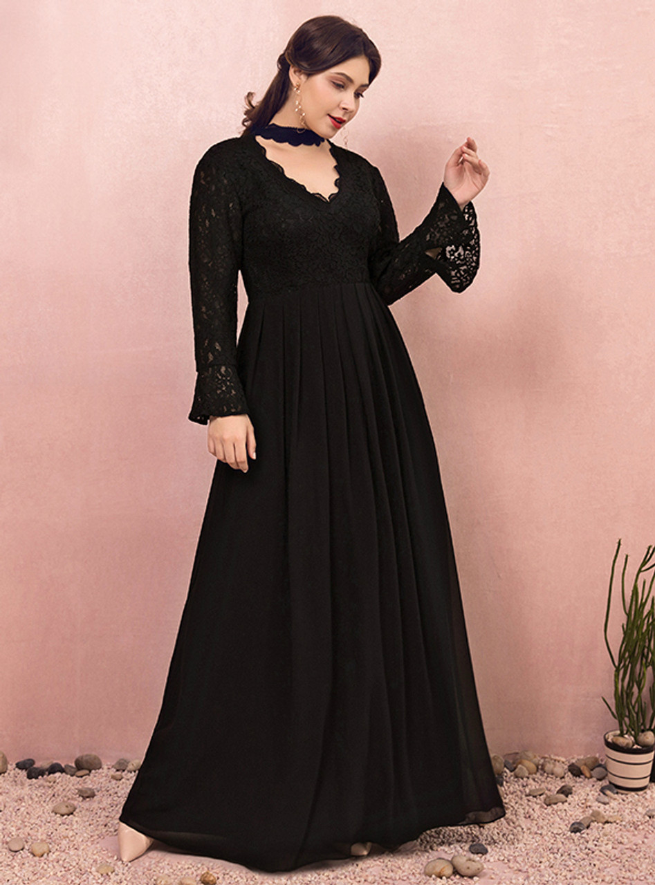 Black Long Sleeve Lace V-neck Prom Dress